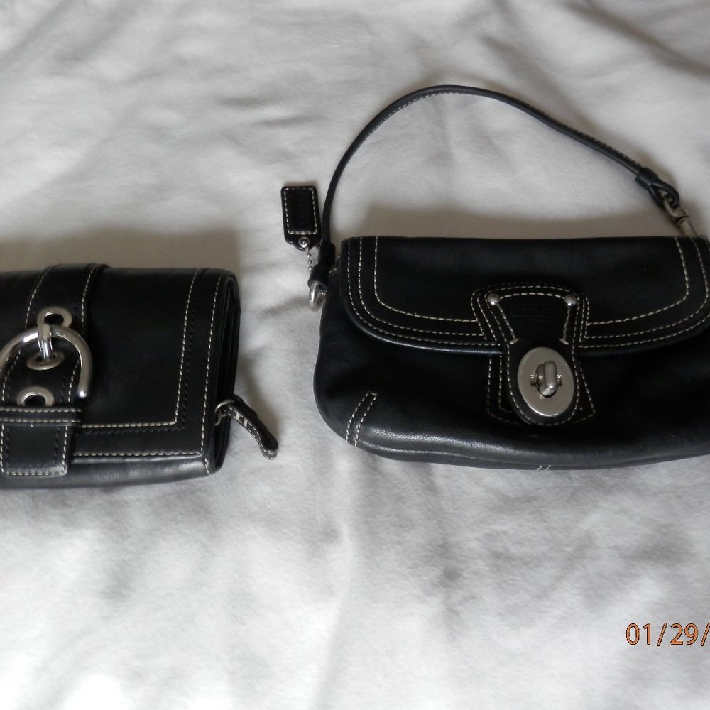 Coach Brand Set Women's Wallet & Wristlet Black Silver Leather Buckle Zipper